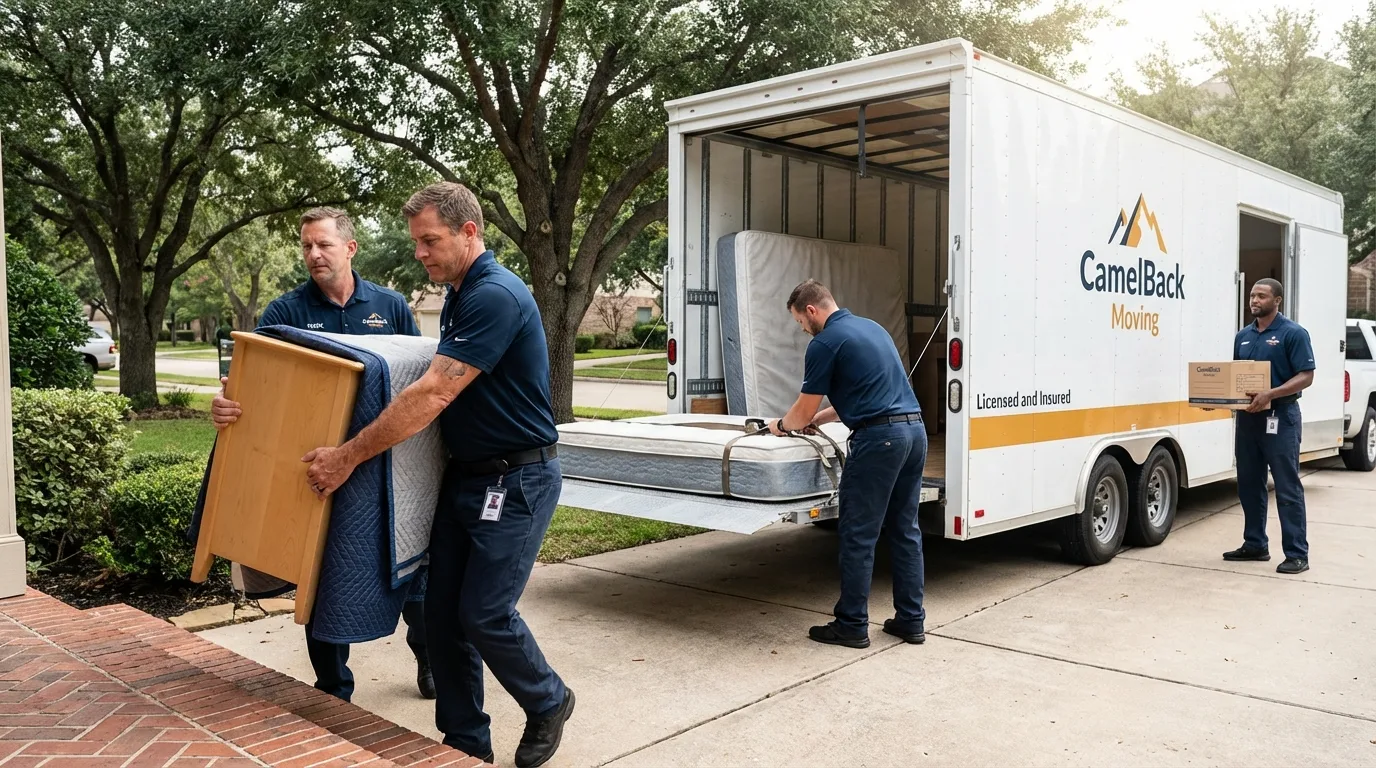 Crew loading residential truck for cross-state move from Fredonia, NY