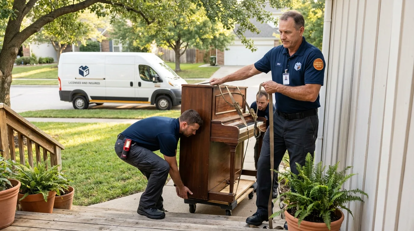 Licensed piano movers securing grand piano in Fredonia, NY