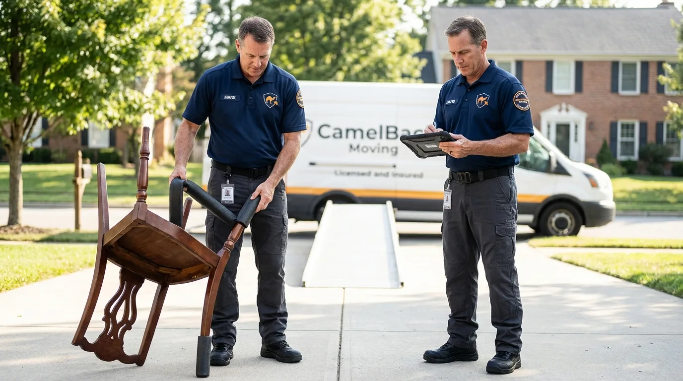 Movers inspecting furniture for damage prevention before loading in Fredonia, NY