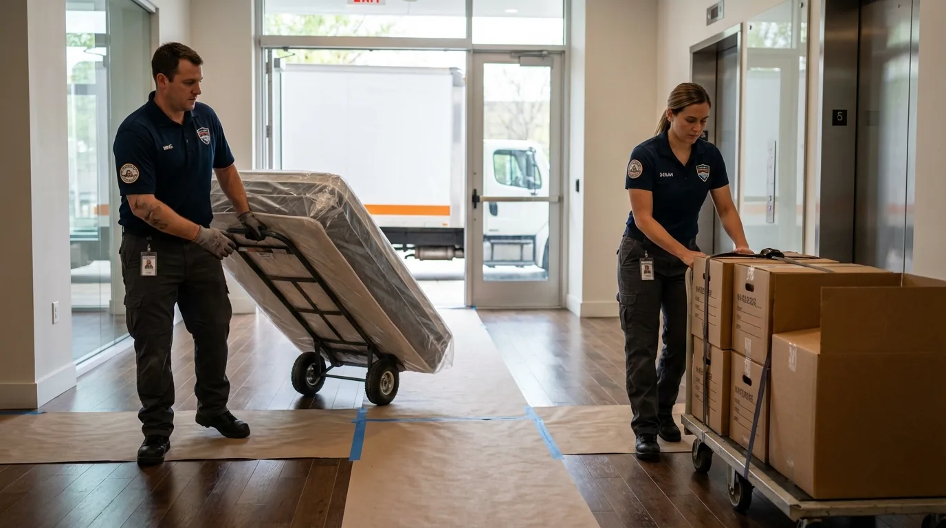 Professional apartment movers loading elevator in Fredonia, NY